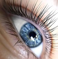 Närbild av ett blått öga med lyfta fransar