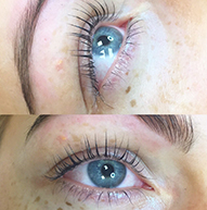 Två bilder på ett öga med lyfta fransar