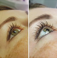 Två bilder på ett grönt öga, den till höger har lyfta fransar